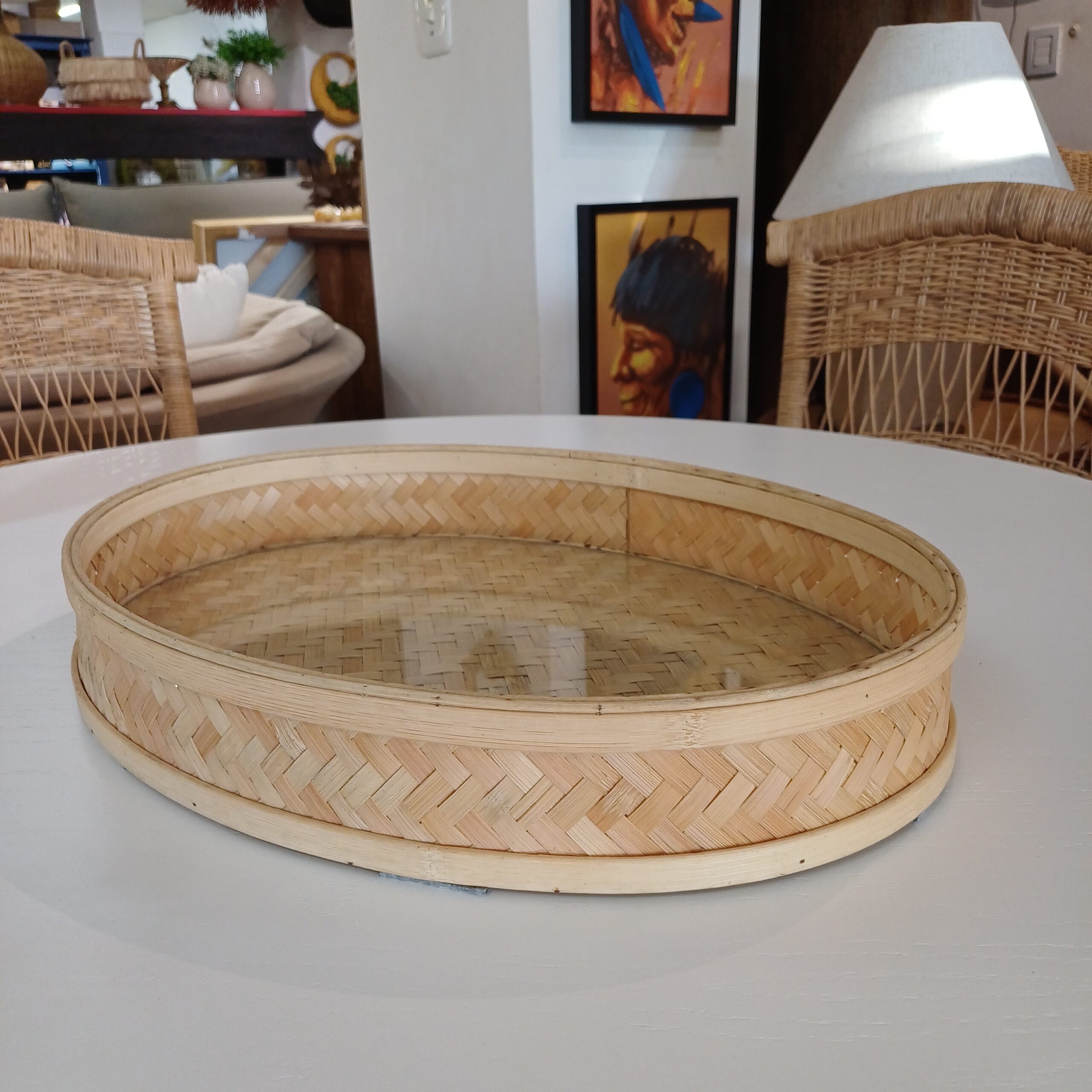 Bandeja palha naturalcom vidro oval G