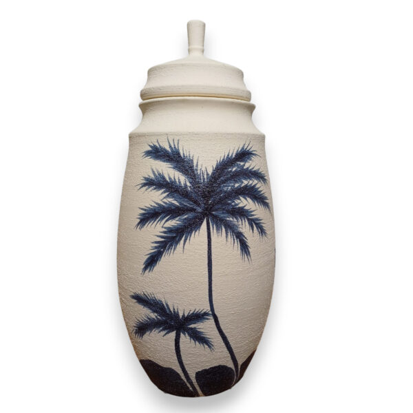 Potiche decorativo cerâmica off-white texturizado com coqueiros azuis