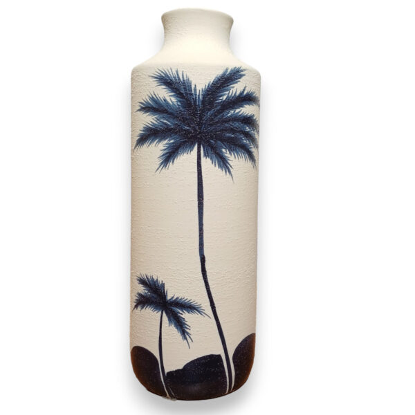 Vaso decorativo em cerâmica off-white texturizado com coqueiros azuis M