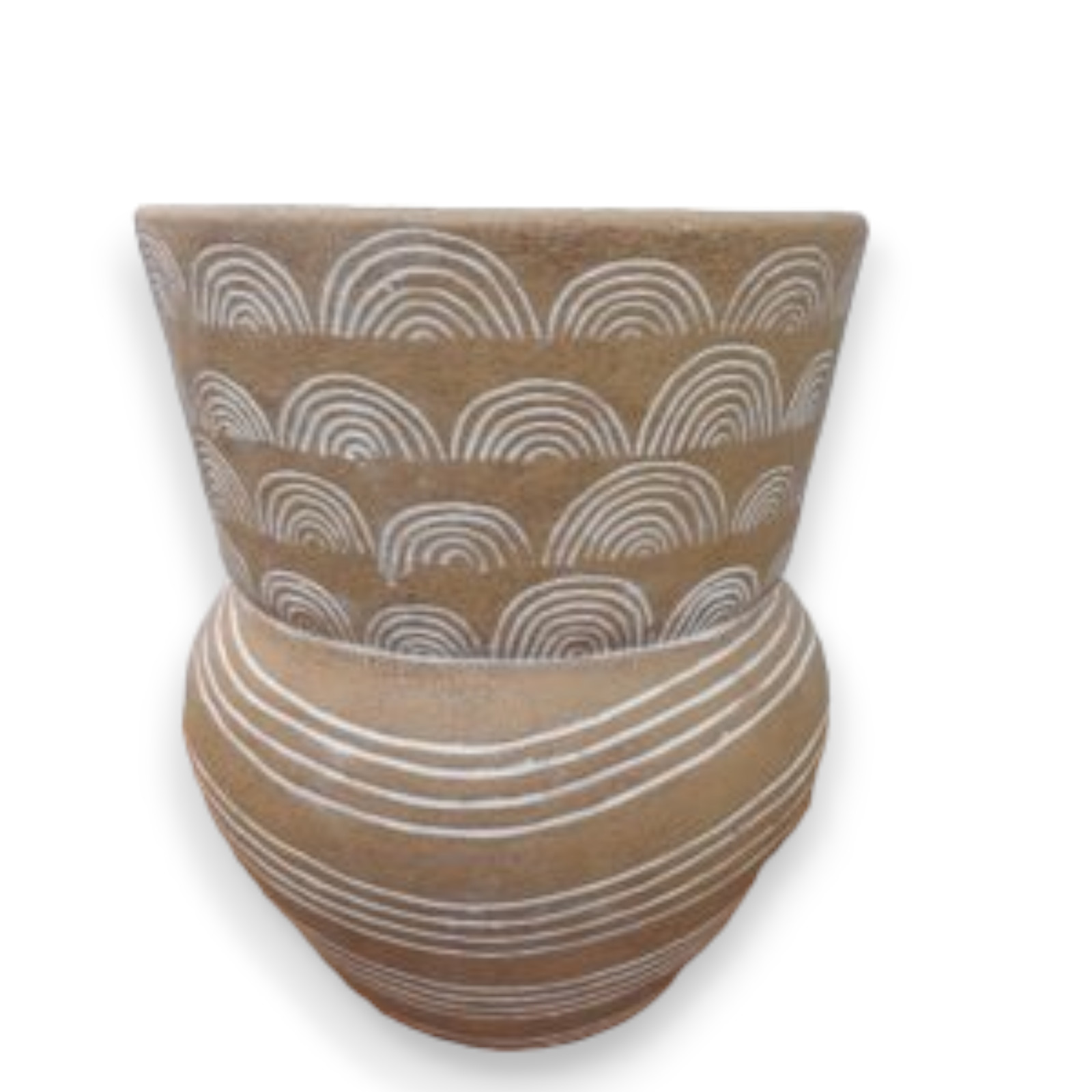 Vaso em cimento bege com desenhos abstratos em branco M