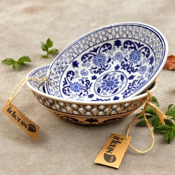 Bacia Decorativa em Cerâmica Esmaltada Azul e Branca