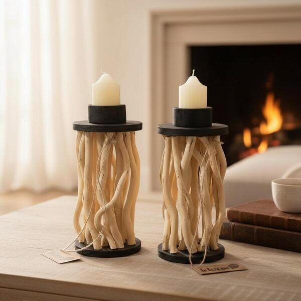 Castiçal Tronco em Madeira - Importado de Bali