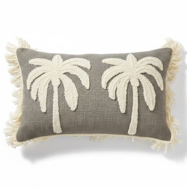 Almofada Baguete Linho Cru Bordado Boucle Coqueiros 35x52 -Coleção Alto Padrão