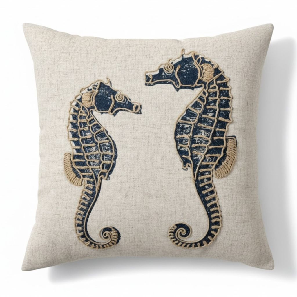 Almofada Sisal Cavalo-Marinho Azul 52×52 cm – Alto Padrão