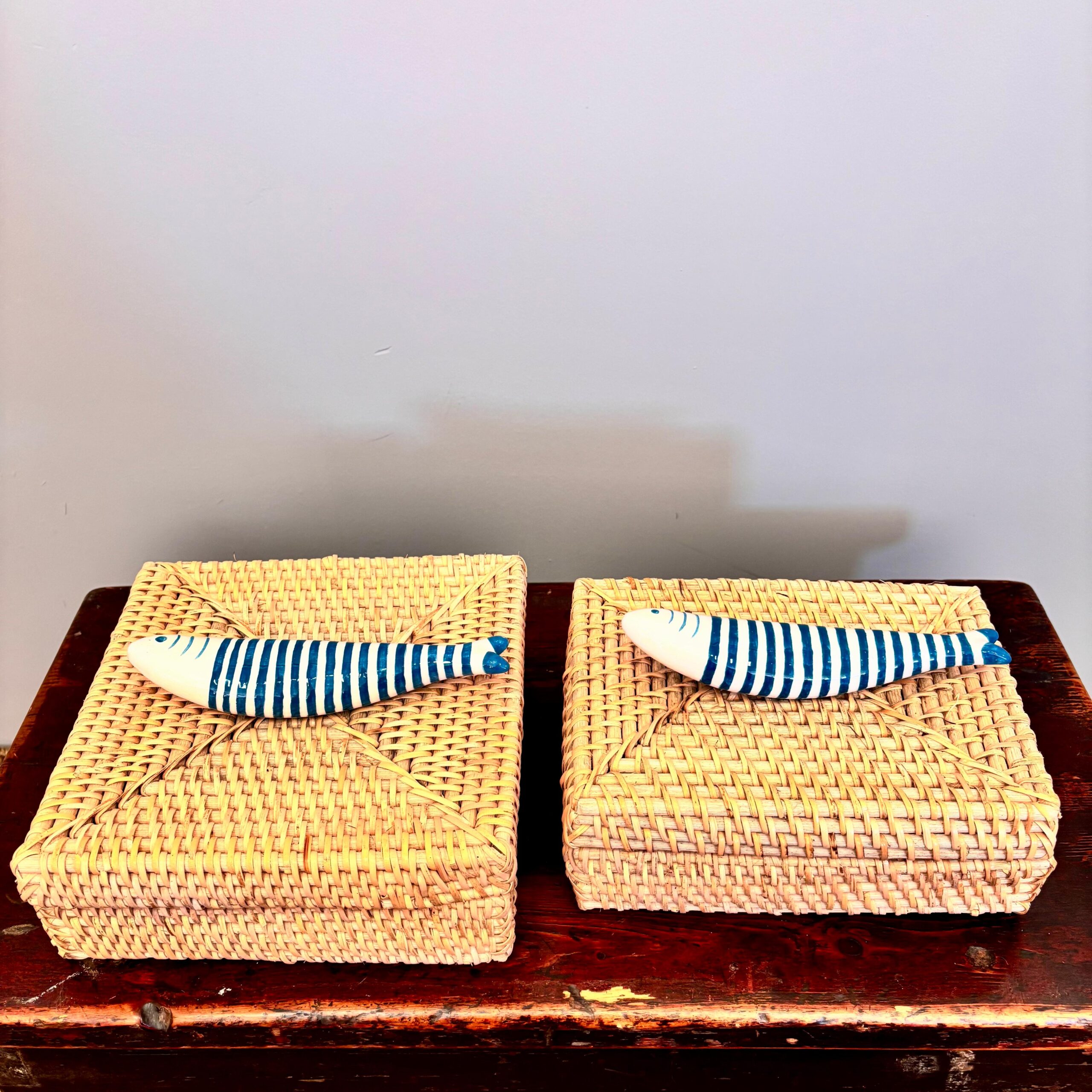 Caixa Quadrada Rattan Sardinha Azul