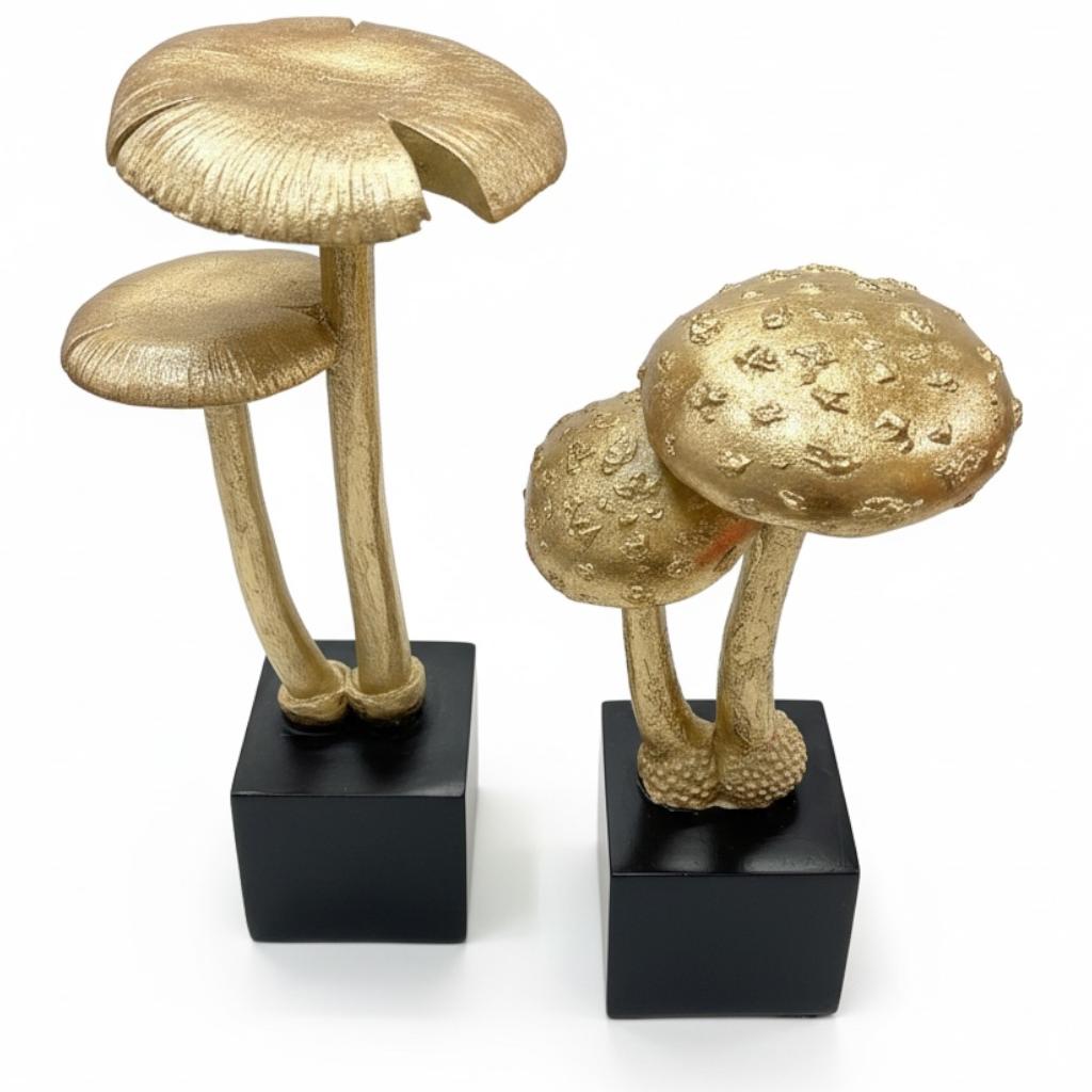 Escultura Cogumelo Decorativa Em Resina Dourado - Tamanho P