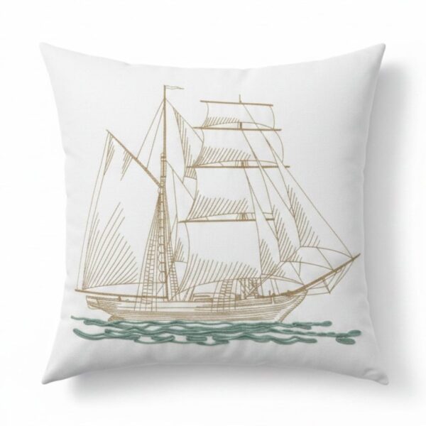 Almofada Decorativa Caravela Verde Bordada 50×50 cm – Coleção Náutica