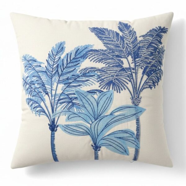 Almofada Sarja 52x52cm Com Bordado Fino Coqueiros Azul