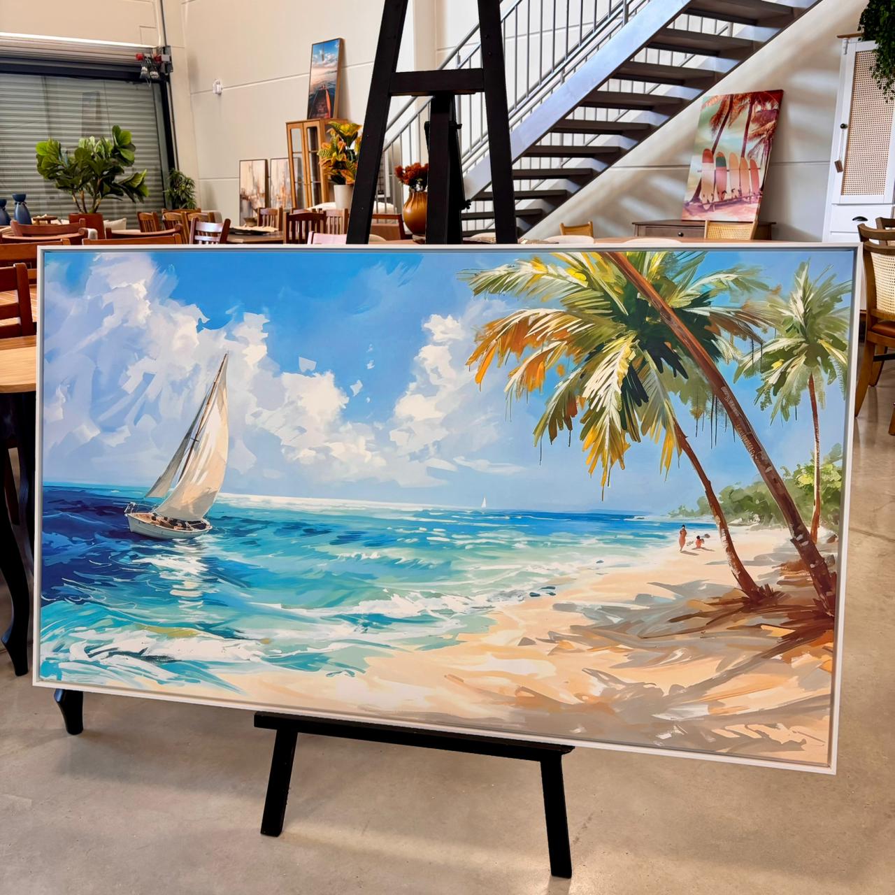 Quadro Tela em Canvas Praia e Veleiro com Moldura - 143x83 cm