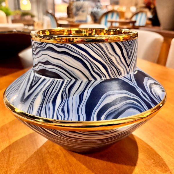 Vaso em Cerâmica Azul com Dourado - 17 cm de Altura